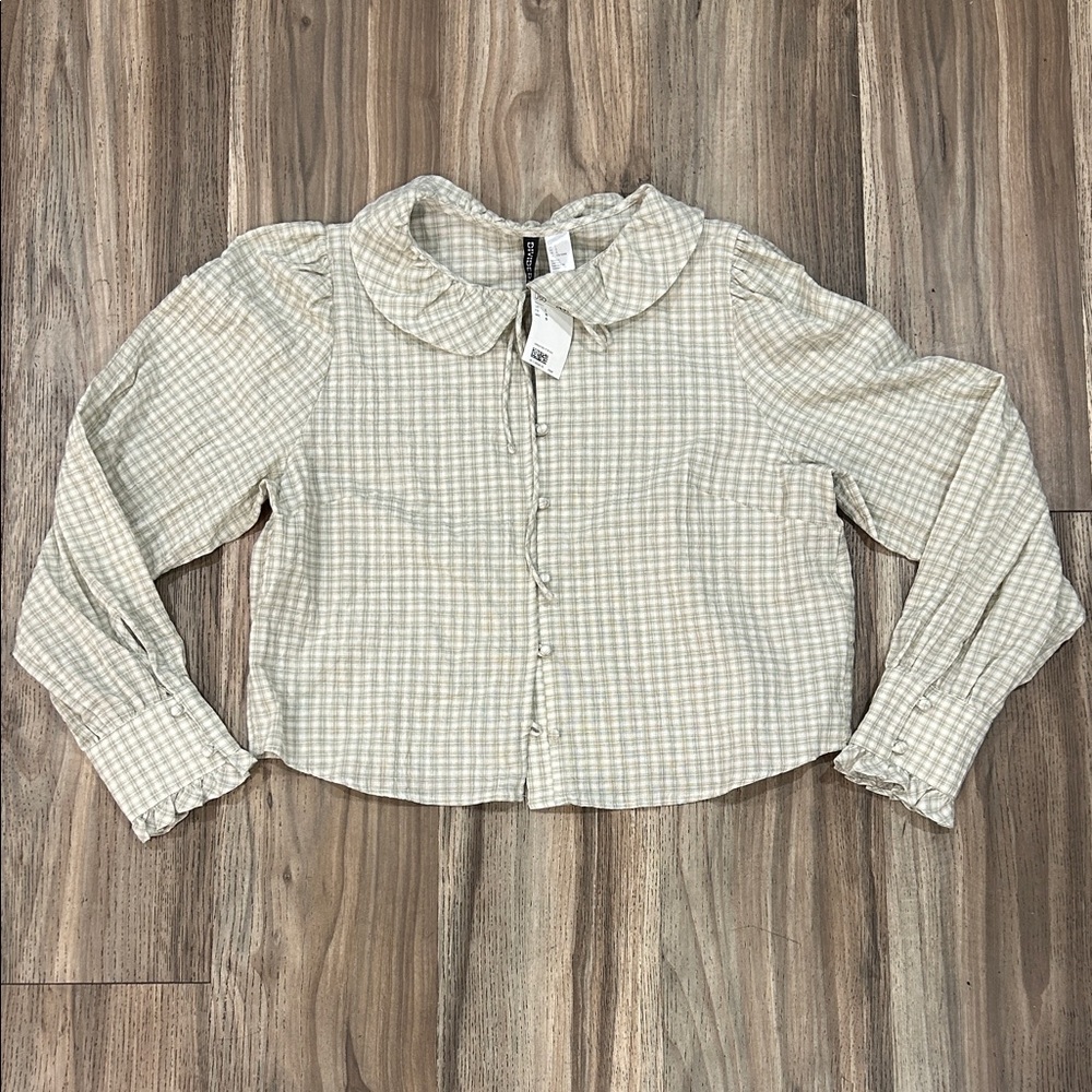 H&M  Light Green Plaid Ruffle Collar Blouse